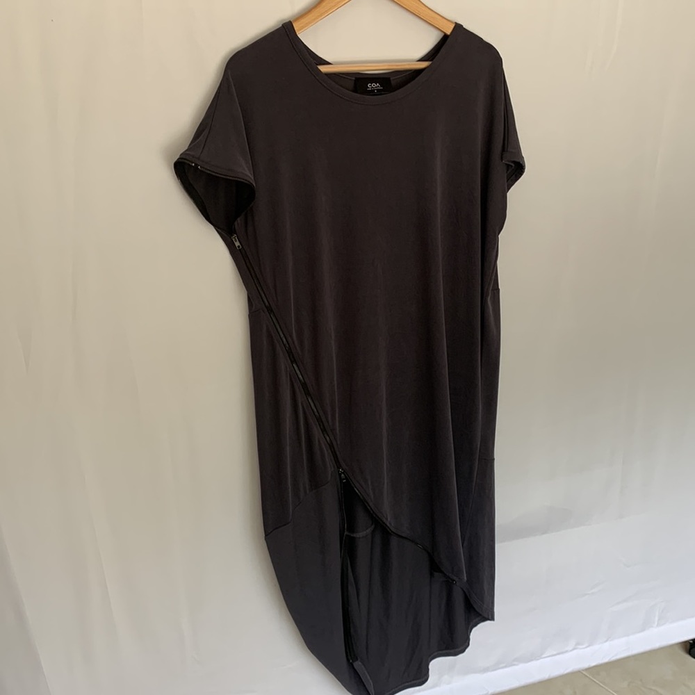 COA Relaxed Asymmetrical Lagenlook Zipper Dress Soft Modal Grey Medium